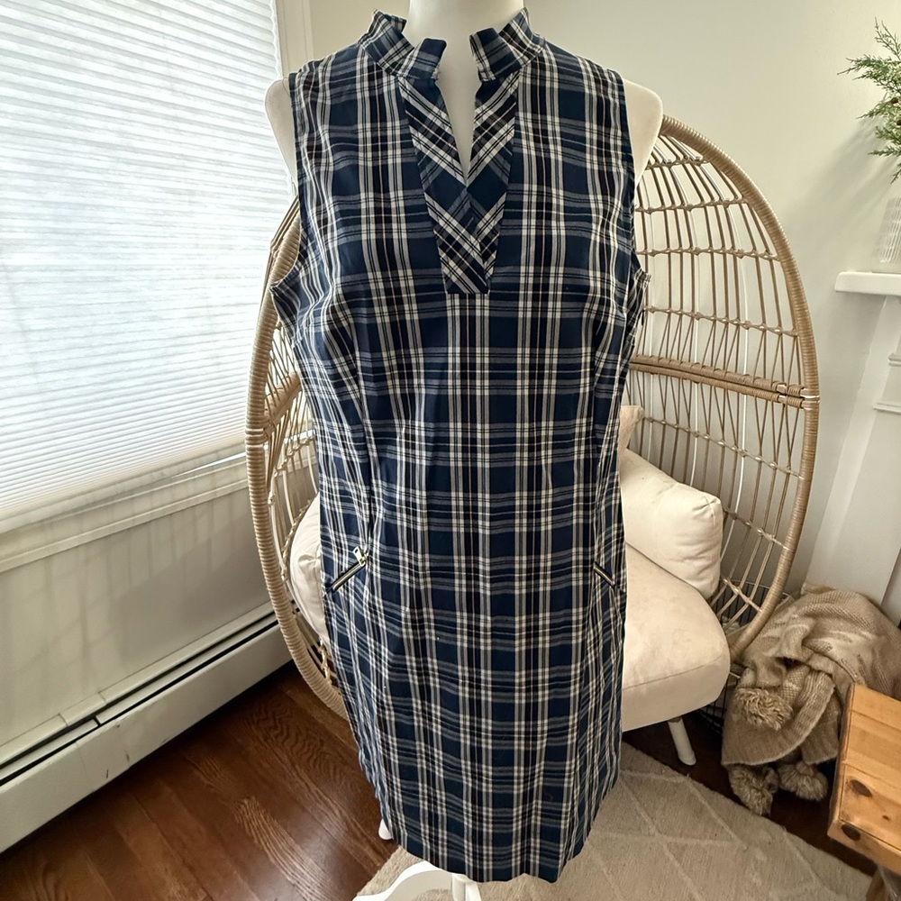 Sara Campbell Plaid‎ Sleeveless Sheath Dress Navy Preppy Career Dress L